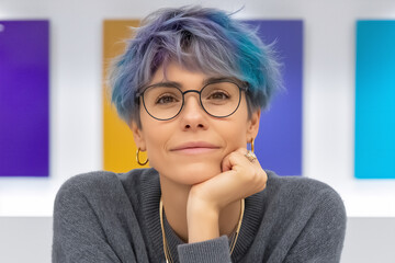 Young woman with short, colorful hair and glasses is resting her chin on her hand, smiling thoughtfully in a modern workspace with vibrant abstract backgrounds