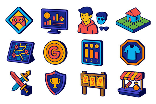 Blockchain Gaming Icons. Isometric vector illustration set Blockchain Gaming and Metaverse: in-game NFT icon, play-to-earn
