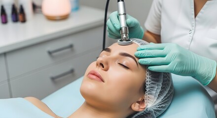 Naklejka premium Facial Procedure Woman Receiving Forehead Treatment from Dermatologist