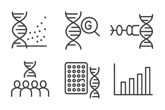 Genetic Engineering Icons. Line style icons of genetic engineering: genome-wide association, SNP icon, genetic linkage map,