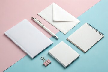 Stationery mockup with notepad pen and envelope on pastel background