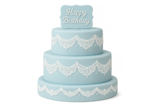Blue tiered birthday cake with happy birthday text, decorating with white lace and pearls, sweet celebration dessert