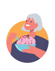 Elderly woman eating ice-cream dessert