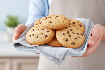 Freshly baked chocolate chip cookies on a white plate, held by a person in an apron, showcasing delicious homemade treats in a cozy kitchen environment
