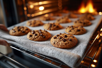 Freshly baked chocolate chip cookies on a baking tray, being pulled from the oven, with warm lighting creating a cozy atmosphere in the kitchen, showcasing delicious homemade treats