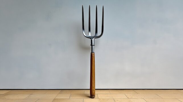 A fork with a wooden handle is standing upright on a wooden floor. The fork is silver and has four tines. The image has a simple and minimalistic feel, with the focus on the fork itself