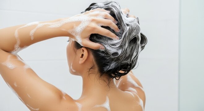 Asian female adult washing hair in shower with shampoo lather