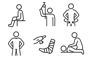 Orthopedic Therapy Icons. Line style icons of orthopedic physiotherapy: knee flexion, shoulder pulley, hip rotation, spine support