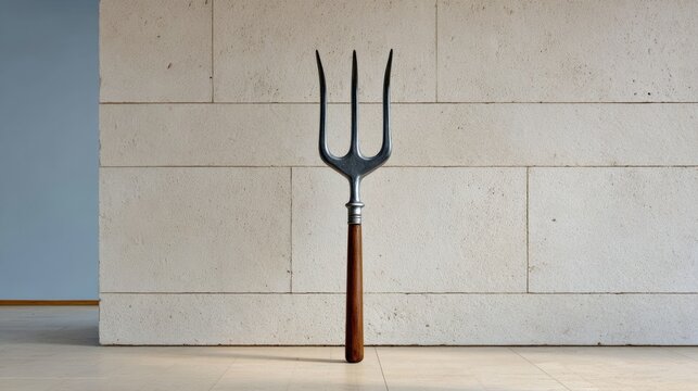 A metal fork is standing upright on a white wall. The fork is bent at the top and has a wooden handle. The image has a somewhat eerie and unsettling mood, as the fork is not a typical kitchen utensil