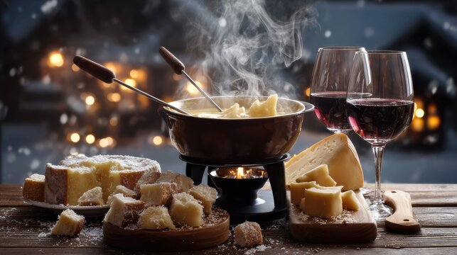 Enjoying Warm Cheese Fondue With Wine on a Cozy Wooden Table During a Snowy Winter Evening