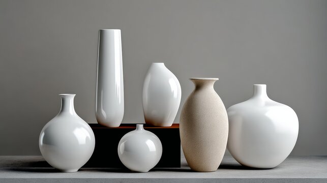 A row of white vases are displayed on a shelf. The vases are of different shapes and sizes, creating a visually interesting and diverse arrangement. Scene is elegant and sophisticated