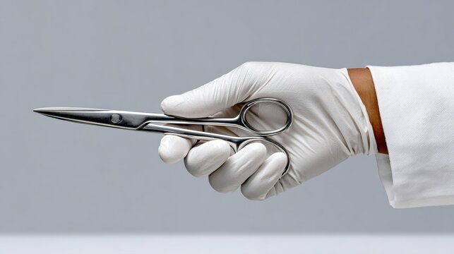 A pair of scissors is held in a white glove. Concept of caution and precision, as the person holding the scissors is likely a surgeon or a medical professional. The white glove adds to the sterile