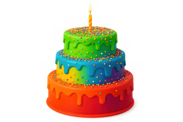 Three-tier rainbow birthday cake with burning candle and colorful sprinkles, celebrating a festive party occasion