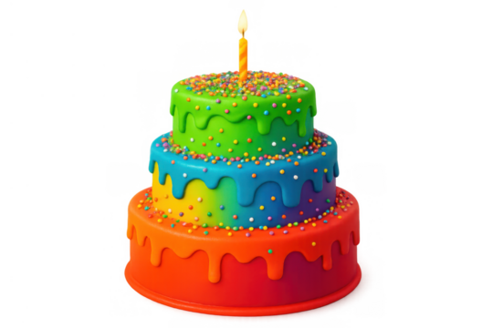 Three-tier rainbow birthday cake with burning candle and colorful sprinkles, celebrating a festive party occasion