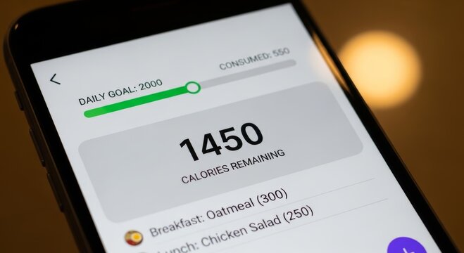 Calorie tracking app on smartphone displaying daily intake and remaining calories