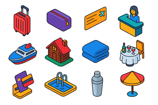 Travel & Hospitality Icons. Isometric vector illustration set Travel and Hospitality: hard case luggage, travel pouch, e-ticket,