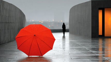 A red umbrella is open in the rain. A person is walking in the rain, but is not under the umbrella