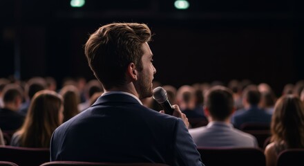 Caucasian male speaker in conference hall addressing audience