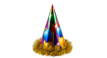 Festive party hat with colorful stripes and balloons surrounded by gold tinsel isolated on a transparent background
