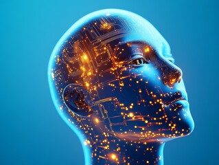 profile view of a blue digital human head with glowing circuitry, set against a blue background