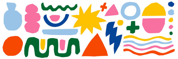 Modern collage design with abstract shapes and doodle textures. Hand-drawn details and cutout elements add a unique visual rhythm. Suitable for trendy compositions