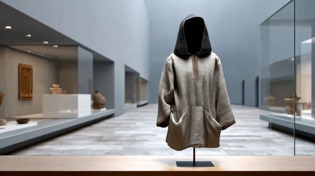 A mannequin is wearing a fur coat and standing in a museum. The coat is displayed in a glass case, and the mannequin is positioned in front of a table. The museum is filled with various artifacts