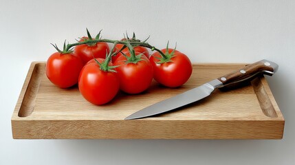 A knife is on a wooden cutting board with a bunch of red tomatoes. The knife is positioned to the right of the tomatoes, and the cutting board is on a shelf