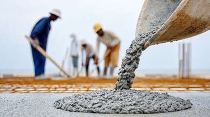 A man is pouring concrete into a bucket. The bucket is being poured into a hole in the ground. The man is wearing a hard hat