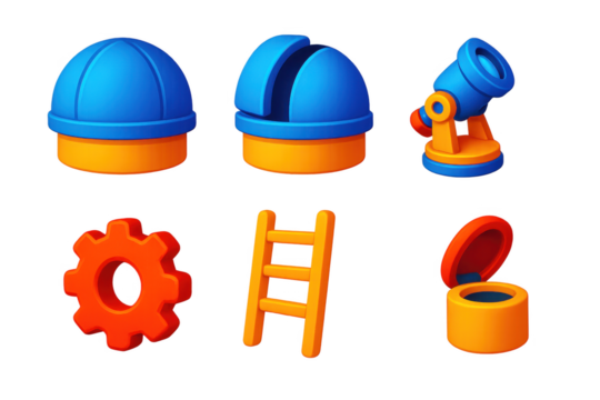 Set of six different objects, including a telescope, a ladder, and a gear