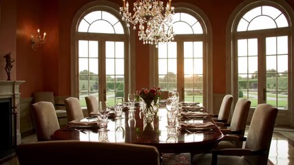 A grand dining room bathed in warm light. A long table is set with place settings, accented by a floral centerpiece, and a crystal chandelier