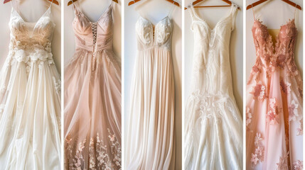 Beautiful collection of wedding dresses hanging on wooden hangers in a bright room