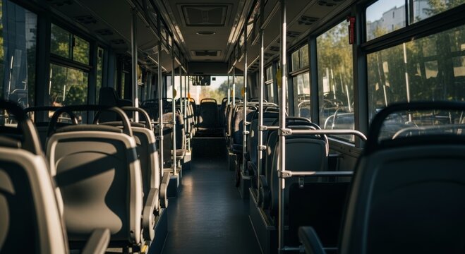 Empty urban bus interior under morning sunlight