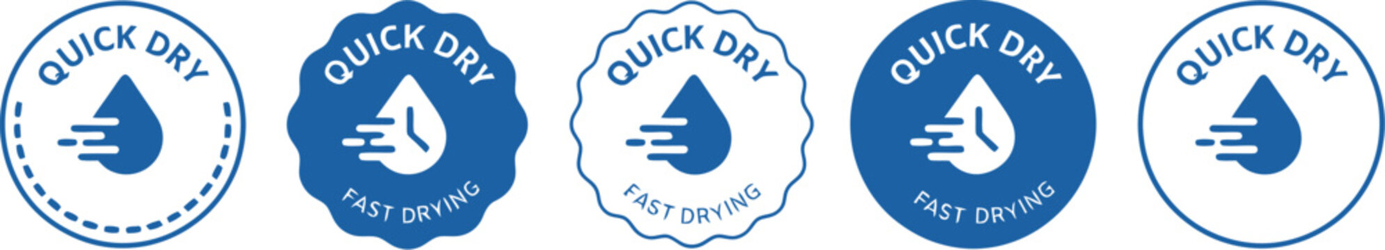 Set of five quick dry icons in blue, featuring fast drying water drop and clock symbols for product labeling, garment technology, and paint attributes