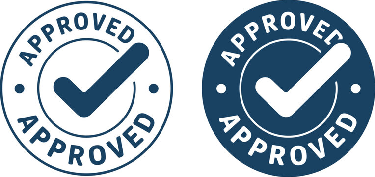 Premium quality approved verified genuine round vector stamp with checkmark icon for official certification and seal of trust approval