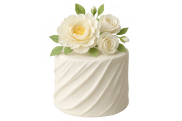 Elegant wedding cake decorated with white sugar flowers and buttercream icing, celebrating marriage and special events