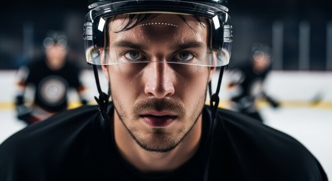 Focused male ice hockey player in game face-off