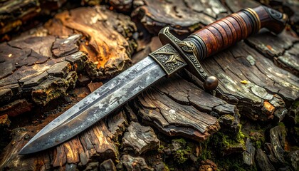 Close-up of a rustic, vintage hunting knife resting on textured wood