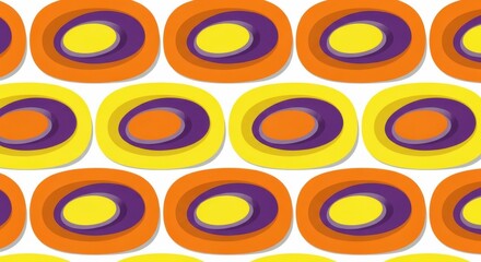 Brightly colored concentric oval shapes repeat in a continuous geometric pattern against a white background