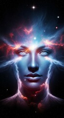 Fototapeta premium Cosmic Consciousness Human Face Nebula Galaxy Stars Enlightenment.