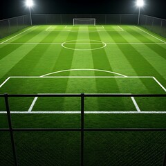 Fototapeta premium Illuminated Soccer Field at Night with Goal and Fencing