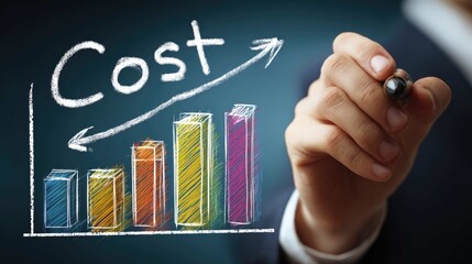 A person sketches "Cost" graph on a digital display, with rising colorful bars and an arrow