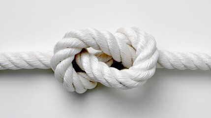 A white rope is tied in a knot, with the knot being in the middle of the rope. The rope is made of a white material, and it is a strong and sturdy rope