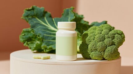 Blank white bottle with pastel green label sits beside fresh broccoli and leafy greens on a circular pedestal, showcasing healthy lifestyle and nutrition concept with copy space