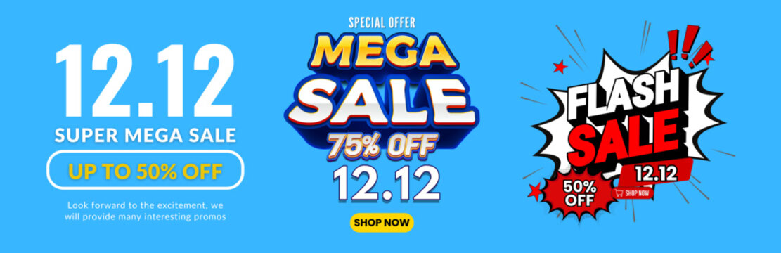 Mega sale 12.12 event - flash sale up to 75% off discounts and special offers banner - Powered by Adobe