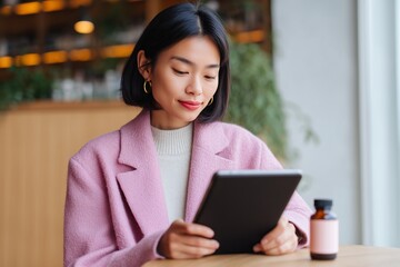 Asian woman in a pink coat is sitting in a cafe, focused on reading her tablet, with a cozy ambiance and soft lighting creating a warm atmosphere for relaxation