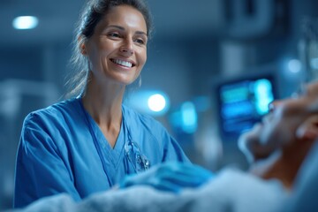 Female nurse in scrubs smiling warmly at patient in hospital room, showcasing compassionate care and professional healthcare environment