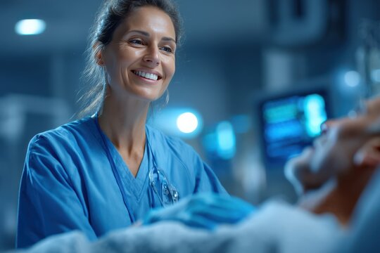 Female nurse in scrubs smiling warmly at patient in hospital room, showcasing compassionate care and professional healthcare environment