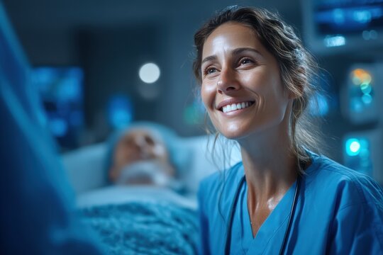 Female nurse in scrubs smiling warmly at patient in hospital room, showcasing compassionate care and professional healthcare environment