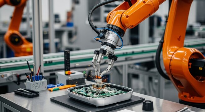 Industrial robot assembling electronics in modern factory