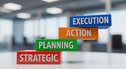 Staircase steps showing Strategic planning to Execution for concept business.